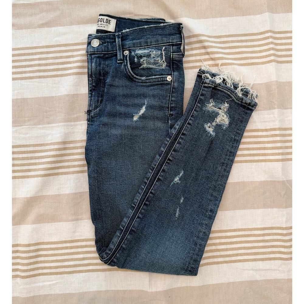 Agolde | Sophie distressed crop slim mid indigo denim wash jeans | size 26